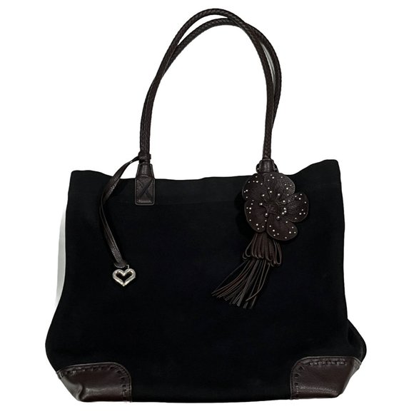 Brighton Large Black Canvas Tote Bag Purse Brown Leather Detail Flower Charm - Picture 1 of 16